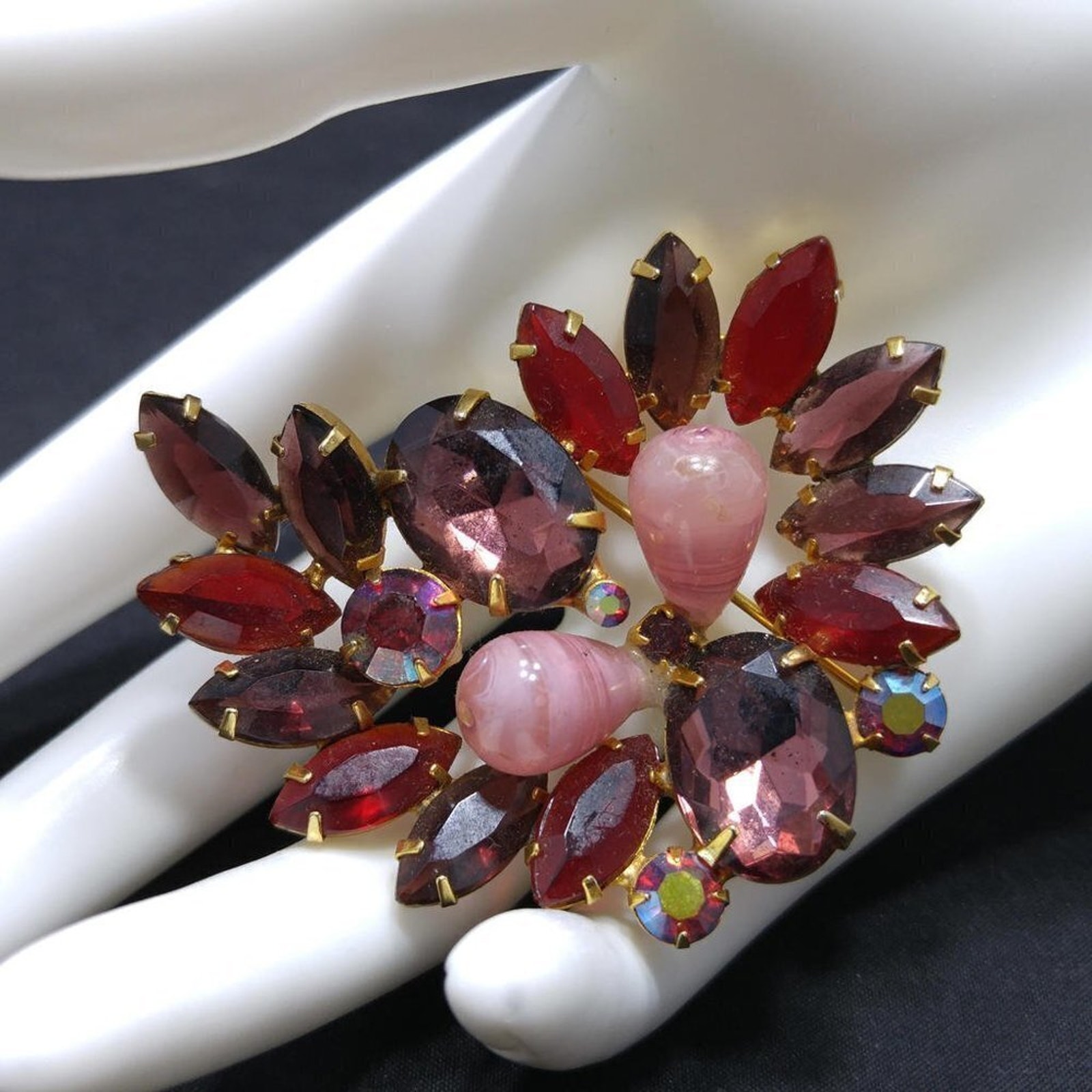 Vintage Purple Red Glass Rhinestone Brooch, Pink Lucite Beads, 2 1/4 Inches